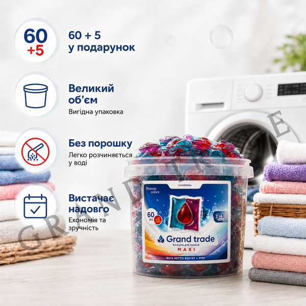 Капсули для прання Grand Trade MAXI 3в1 &mdash; 60 капсул + 5 у подарунок 1885 фото